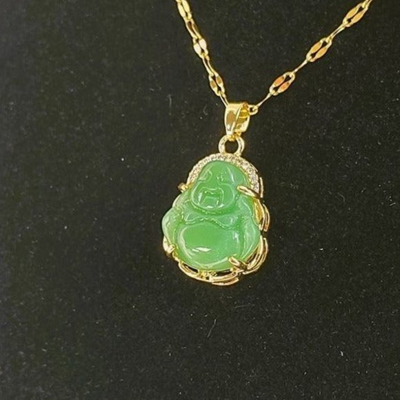 14K Gold Womens Green Jade Buddha Necklace 1ct Diamond Jewelry 14 Karat Buddah - Picture 4 of 5